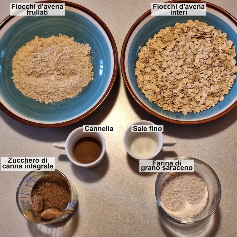 fiocchi d'avena (frullati grossonanamente e interi), cannella, sale, zucchero integrale (che poi è zucchero con melassa) e farina