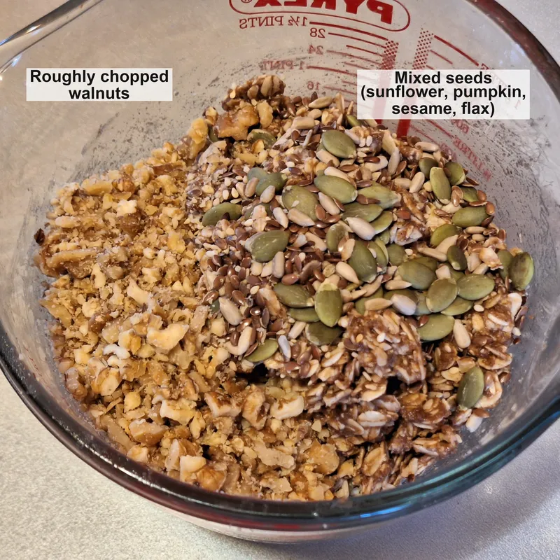 mixed the dry ingredients, added mixed nuts and seeds (sunflower, pumpkin, white sesame)